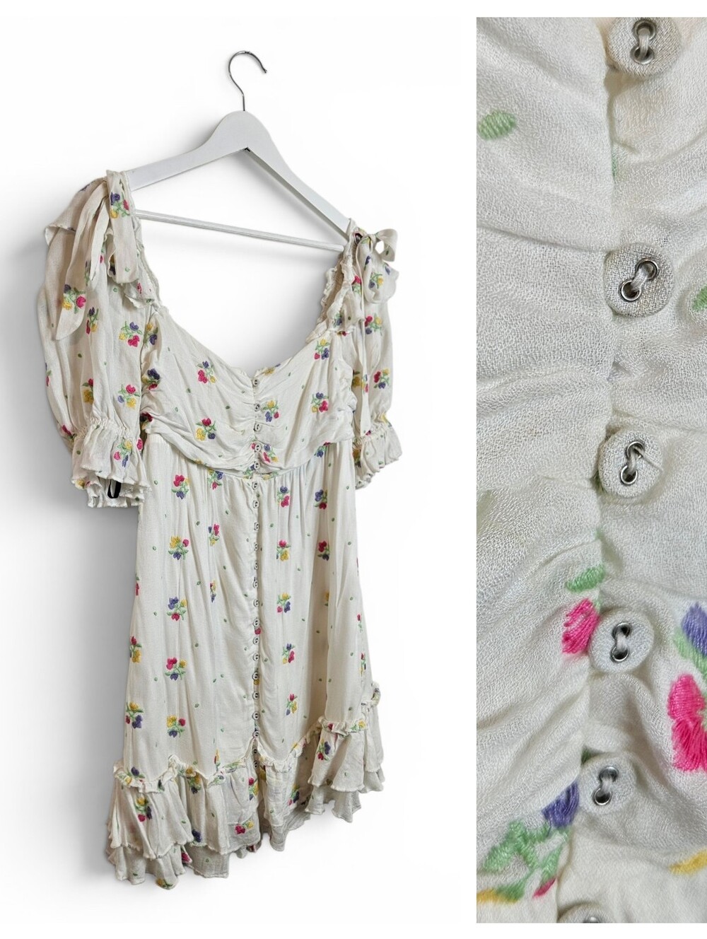 Majorelle Babydoll Mini Dress White Floral Embroidered  Puff Sleeve Size M